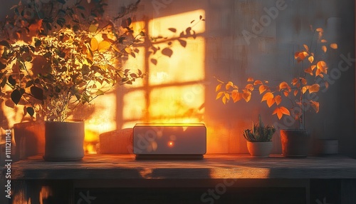 A glowing haptic feedback device displayed on a rustic desk, surrounded by filminspired warm shadows photo
