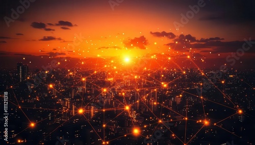 A glowing quantum network map projected above a cityscape at dusk, warm filminspired tones photo