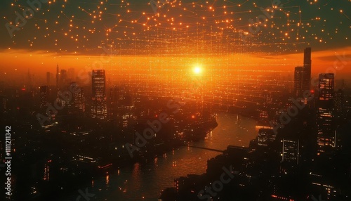 A glowing quantum network map projected above a cityscape at dusk, warm filminspired tones photo