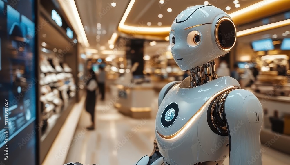 A humanoid robot assisting customers in a modern retail store, glowing interactive panels, soft cinematic tones A humanoid robot assisting customers in a modern retail store, glowing interactive panels, soft cinematic tones