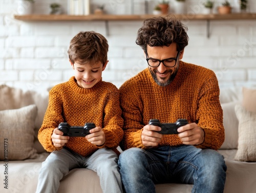 Father and son bonding over video games at home family fun indoor playtime warm and cozy environment joyful interaction concept photo