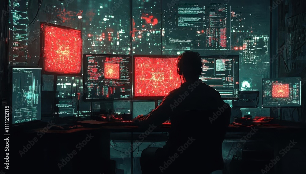 A programmer at a dimly lit workstation, neural network diagrams glowing on multiple monitors, warm cinematic tones A programmer at a dimly lit workstation, neural network diagrams glowing on multiple monitors, warm cinematic tones
