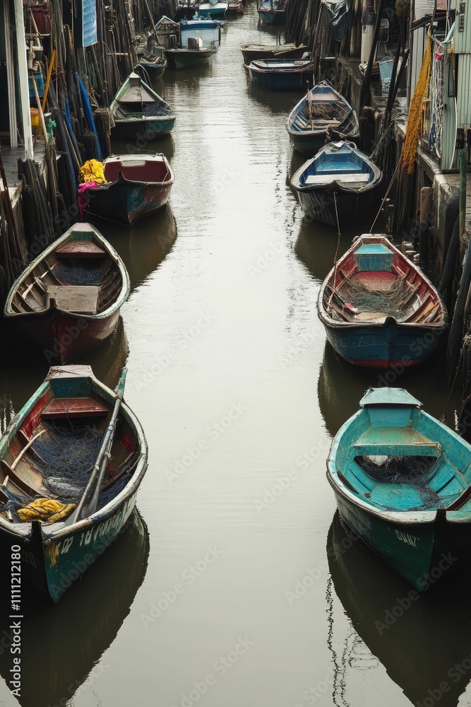 Waterway lined with weathered, colorful small boats.