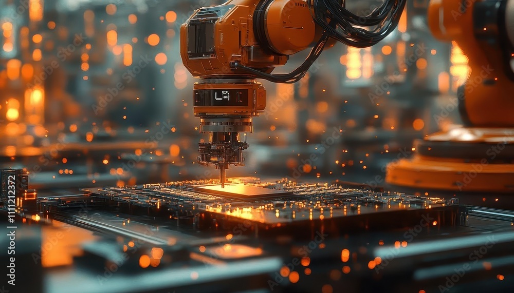 A robotic arm assembling microchips in a hightech cleanroom, soft warm cinematic lighting A robotic arm assembling microchips in a hightech cleanroom, soft warm cinematic lighting