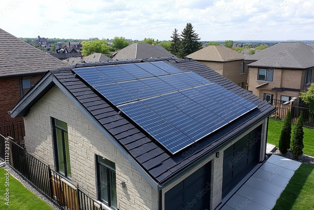 Residential garage with rooftop solar panels in suburban neighborhood Residential garage with rooftop solar panels in suburban neighborhood