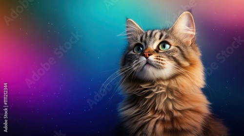 a fluffy cat with a smug and squinting expression, sitting elegantly, colorful background blur