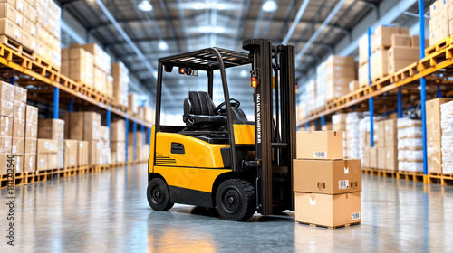 Forklift handling cardboard boxes in distribution warehouse