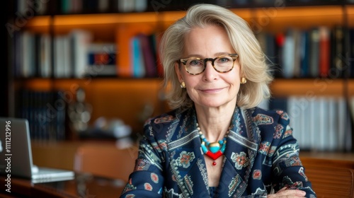 Confident mature businesswoman in glasses smiles while working at her desk with a laptop photo