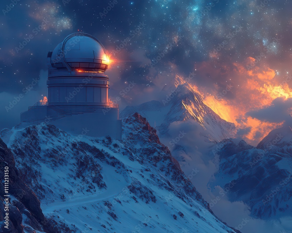 A serene mountain observatory where a glowing space telescope points to the night sky, warm ambient tones A serene mountain observatory where a glowing space telescope points to the night sky, warm ambient tones