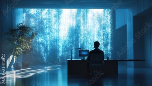 A serene modern office where a holographic AGI projection advises a researcher, filmstyle lighting and shadows photo