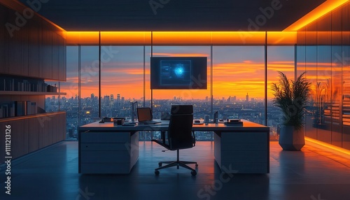 A serene modern office where a holographic AGI projection advises a researcher  filmstyle lighting and shadows