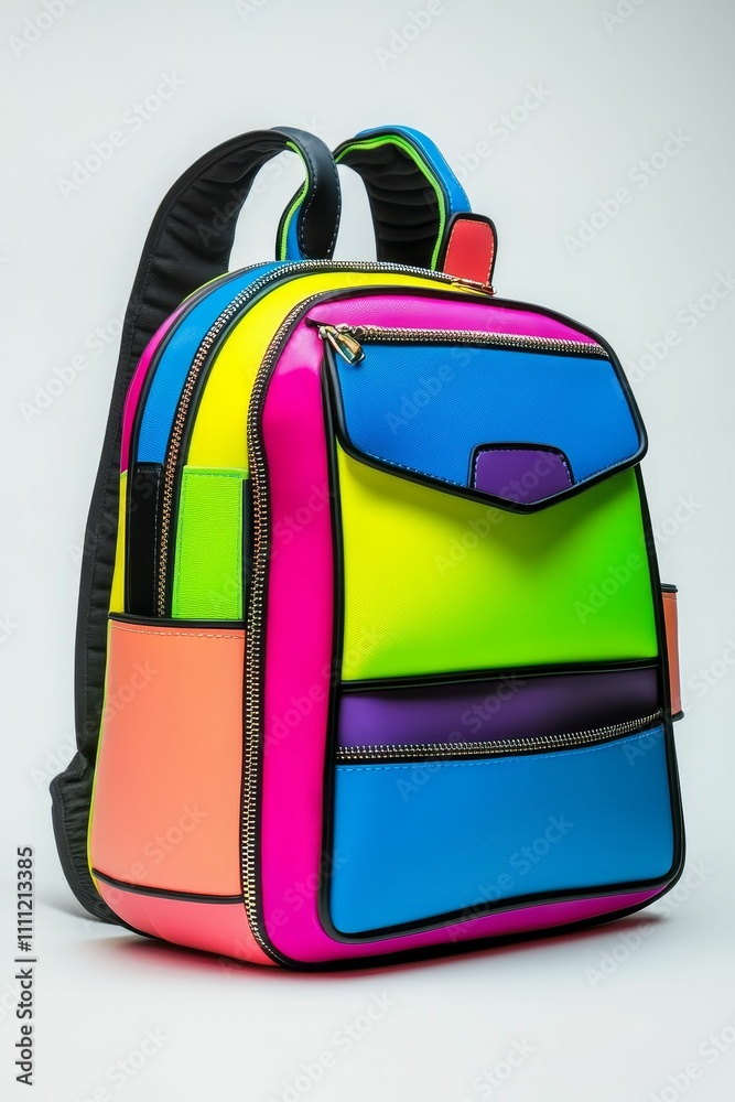 Multicolored backpack; vibrant, bold design. Multicolored backpack; vibrant, bold design.