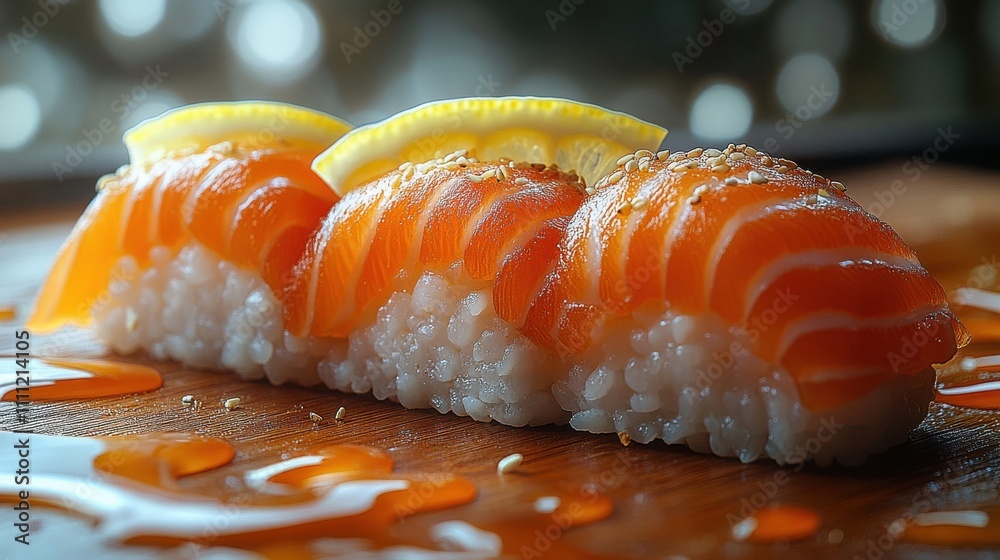 Salmon nigiri sushi, topped with lemon slices and sesame seeds. Salmon nigiri sushi, topped with lemon slices and sesame seeds.