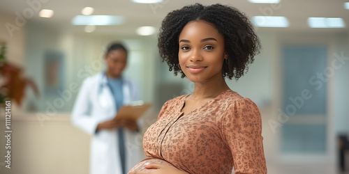 Pregnant Woman in a Medical Clinic
A cheerful pregnant woman in a bright yellow dress standing in a modern clinic, with a doctor consulting in the background. The setting includes natural