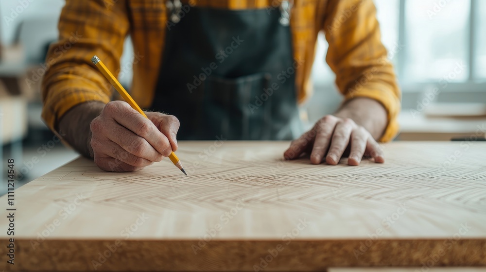 A craftsman sketches intricate designs on a wooden surface, showcasing artistry and precision in woodworking. A craftsman sketches intricate designs on a wooden surface, showcasing artistry and precision in woodworking.