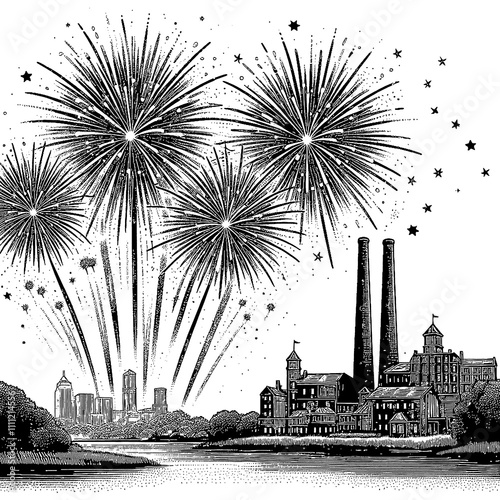 fireworks on new year's vector black and white photo