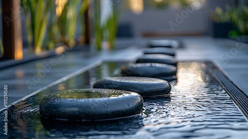 Smooth dark stones in shallow water feature, modern outdoor design. photo