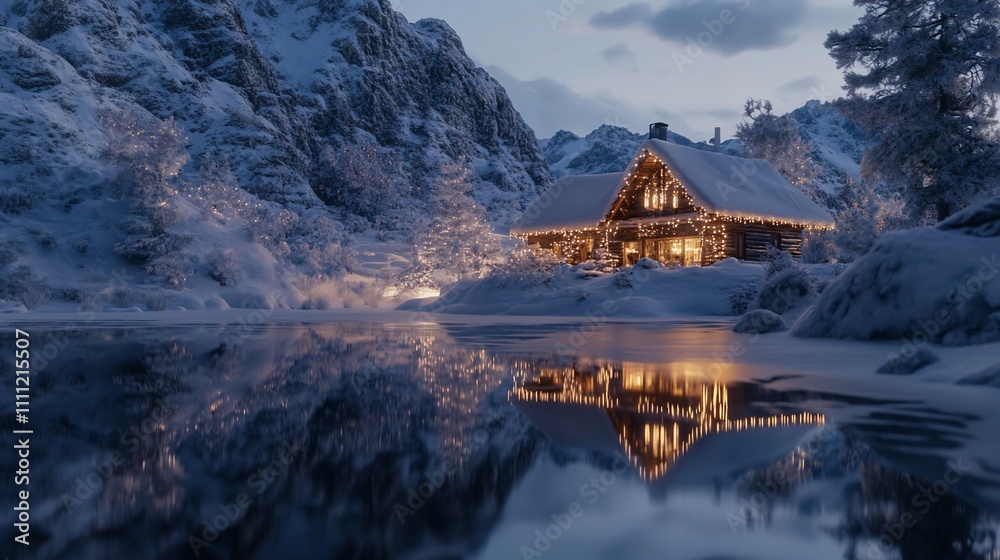 Fototapeta premium A cozy cabin surrounded by snow-covered mountains, reflecting in a serene lake at dusk.