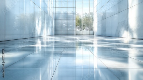 Bright and Spacious Modern Interior with Polished Floor Reflecting Natural Light and Soft Shadows in a Minimalist Architectural Design Concept