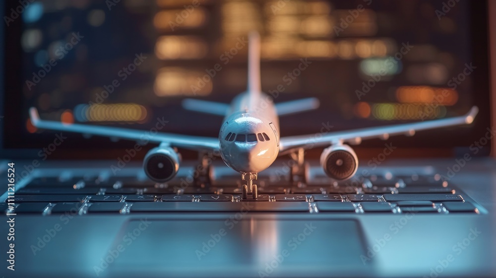 Fototapeta premium Airplane model on laptop, online booking.