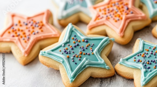 Hanukkah cookies shaped like Stars of David, colorful frosting and festive presentation photo