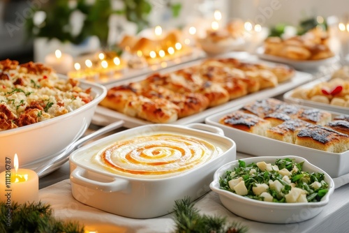 Table filled with traditional Hanukkah dishes, candles glowing warmly, inviting atmosphere photo