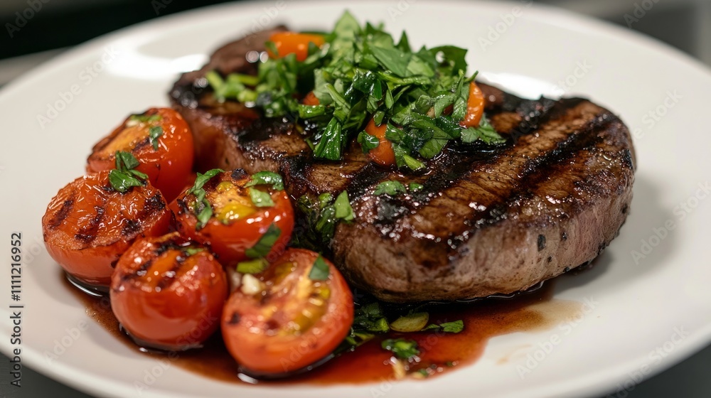 Savor a succulent grilled steak with a burst of fresh herbs and juicy tomatoes. Savor a succulent grilled steak with a burst of fresh herbs and juicy tomatoes.