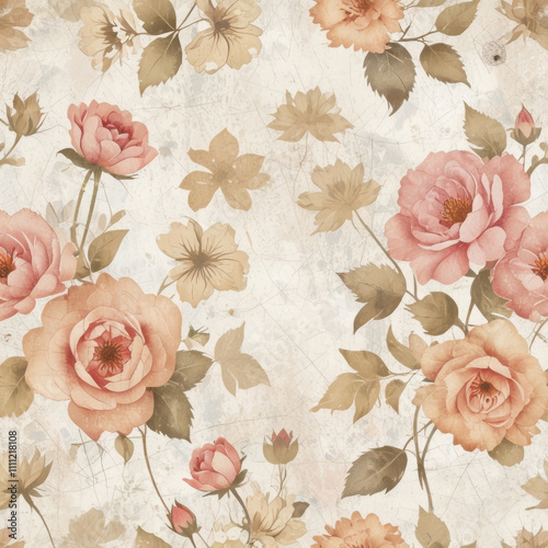 Vintage texture of aged floral paper. Romantic background in retro style.