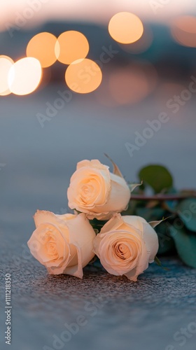 late night city night, street lamp, a huge bouquet of white roses lies on the road, huge rose bouquet, lonely and sad emotional atmosphere, 