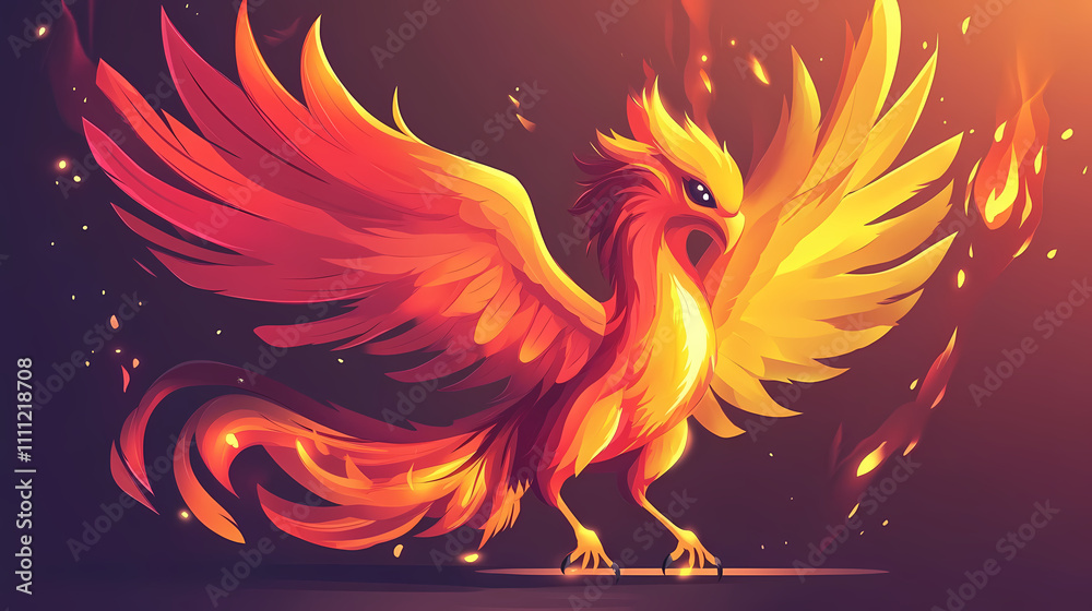 Obraz premium Fiery phoenix bird icon depicting a magical creature a vibrant 2d cartoon symbol representing creativity freedom and the concept of infinity suitable for a company emblem. Phoenix. Illustration