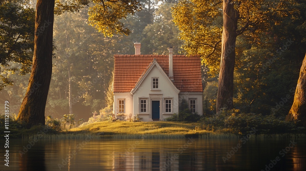Fototapeta premium Charming cottage nestled in a serene forest beside a tranquil lake at sunrise.