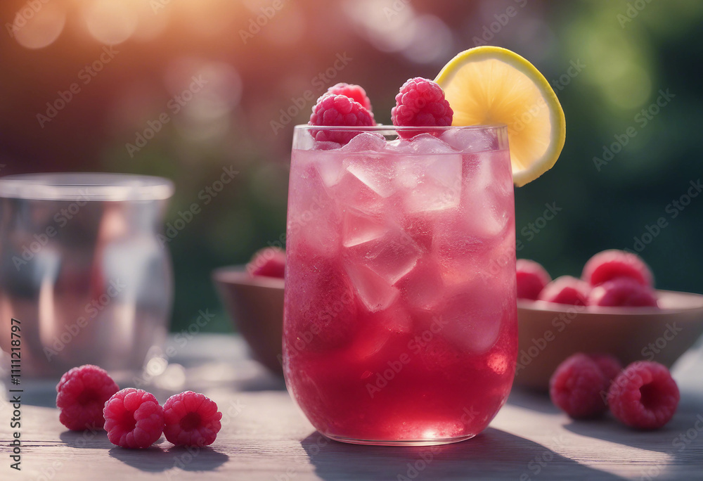 custom made wallpaper toronto digitalIced raspberry lemonade in a frosty glass with fresh raspberries and a slice of lemon on a garden ta