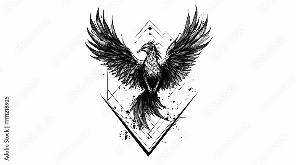 Fototapeta premium Freedom, phoenix bird tattoo sketch on white background. black ink and geometry. mythological animal created with generative ai technology. Phoenix. Illustration