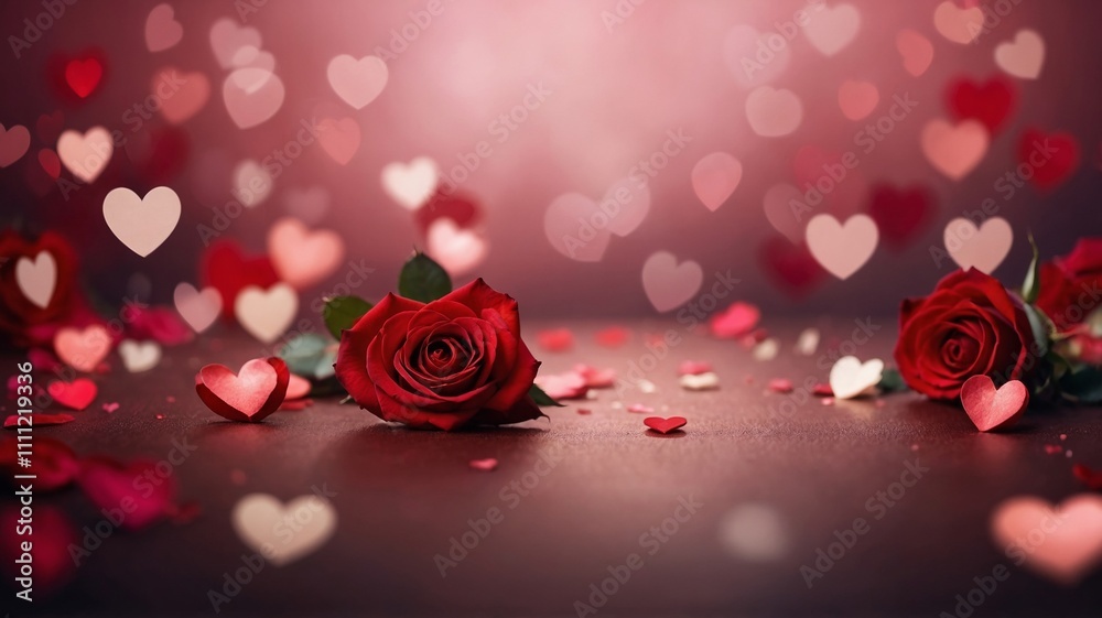 Red rose surrounded by petals, glowing heart-shaped lights on a soft pink background, symbolizing love and romance. Valentines day Red rose surrounded by petals, glowing heart-shaped lights on a soft pink background, symbolizing love and romance. Valentines day
