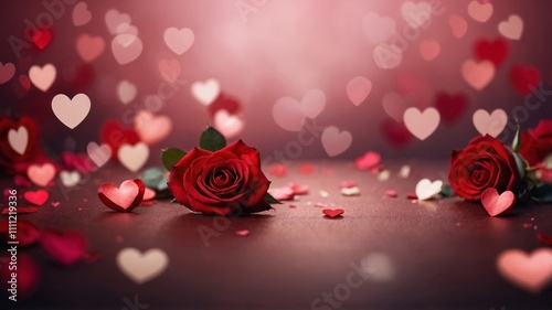 Red rose surrounded by petals, glowing heart-shaped lights on a soft pink background, symbolizing love and romance. Valentines day