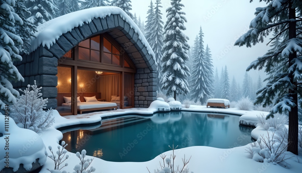 Secluded winter hot spring pool nestled in snowy Alaskan forest. Modern cozy cabin with indoor pool area. Tranquil scene for relaxing getaway. Warm water spa in snowy landscape. Natural beauty, Secluded winter hot spring pool nestled in snowy Alaskan forest. Modern cozy cabin with indoor pool area. Tranquil scene for relaxing getaway. Warm water spa in snowy landscape. Natural beauty,
