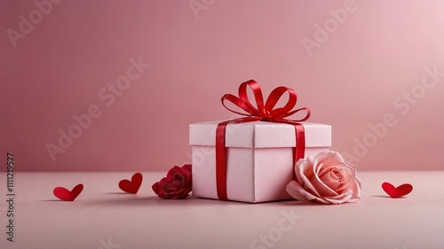 Pink gift box with red ribbon surrounded by roses and red heart shapes on a gradient pink background, concept of romance. Valentines day