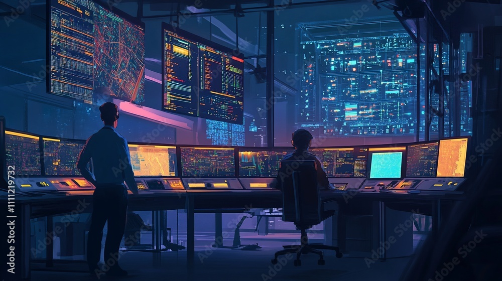 A high-tech control room with monitors displaying data and analytics. A high-tech control room with monitors displaying data and analytics.