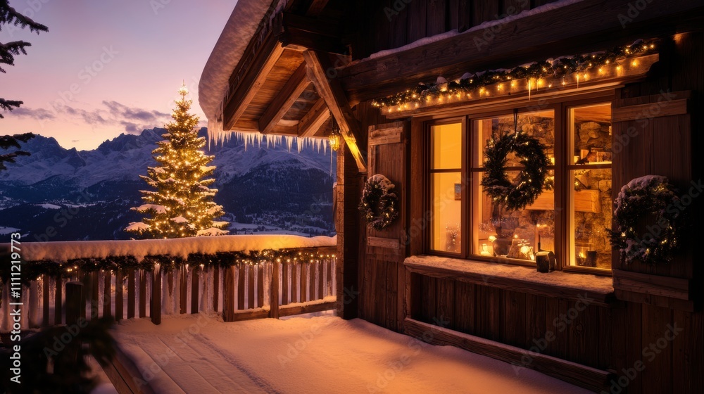 Cozy chalet in the French Alps with festive string lights on the balcony, a large Christmas tree visible through the window, and snow-covered wreaths adorning doors and railings Cozy chalet in the French Alps with festive string lights on the balcony, a large Christmas tree visible through the window, and snow-covered wreaths adorning doors and railings