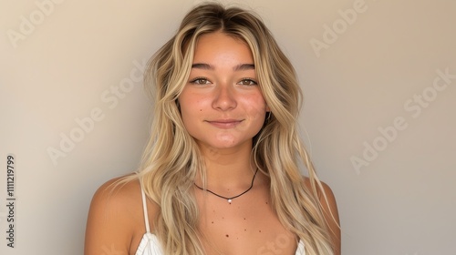 Cheerful young blonde woman in white dress smiling at camera against pastel beige background