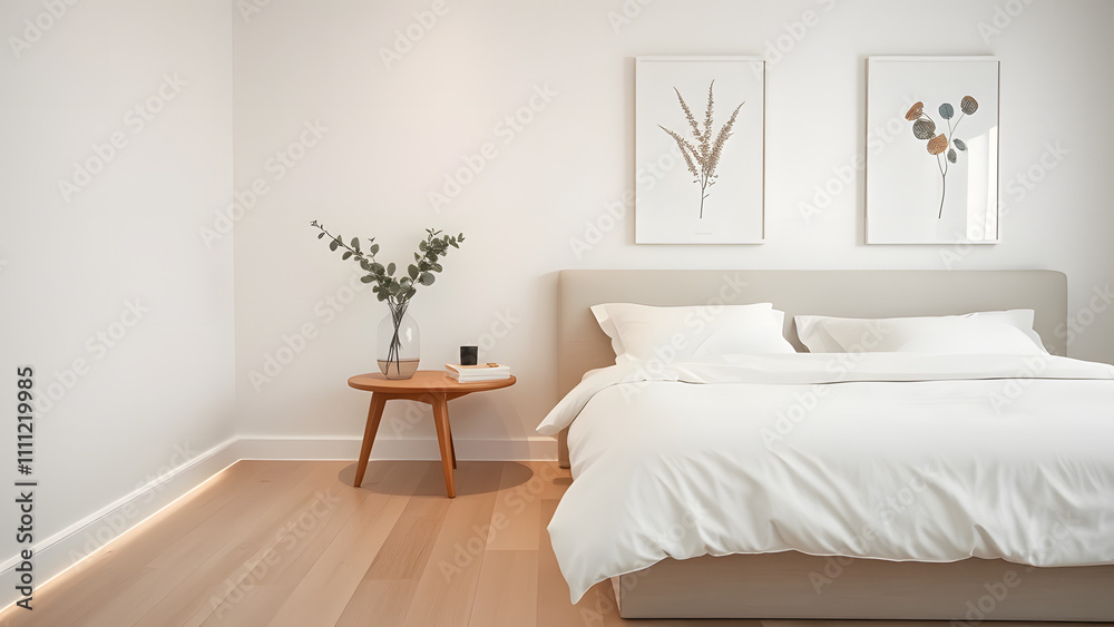 Fototapeta premium A Scandinavian-inspired bedroom with light wood floors, a white bed with simple