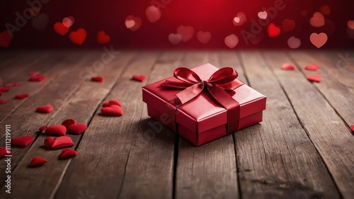 Red gift box with ribbon and red heart shapes on a gradient red background, concept of romance. Valentines day