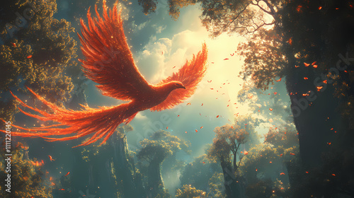 A phoenix with shimmering red and orange feathers soars gracefully in the sky above an enchanted forest in a digital art style wallpaper. Phoenix. Illustration photo