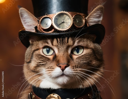 Steampunk cat with a top hat and goggles on a blurred vintage background. Generated AI.