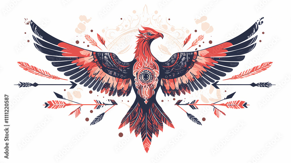 Obraz premium Bird phoenix red on white background, stylized bird phoenix with arrows. heraldic birds - vector illustration. - vector. Phoenix. Illustration