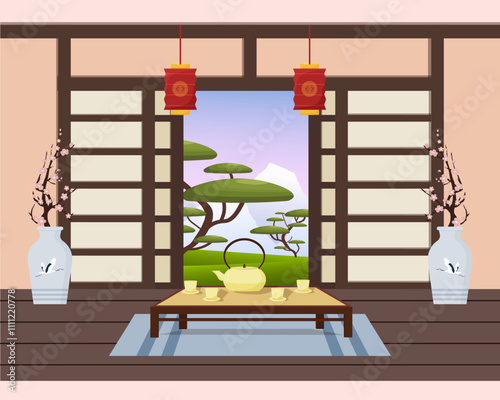 Eastern interior. Table for tea ceremony with teapot and cups. Decorative lanterns, vase and ikebana. Window with view of mountains and trees. Vector illustration