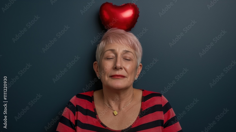 A joyful woman relaxes with a heart-shaped balloon, embracing the spirit of Valentine's Day A joyful woman relaxes with a heart-shaped balloon, embracing the spirit of Valentine's Day