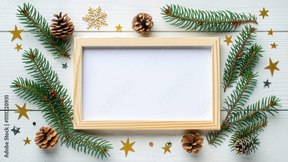 Christmas frame with pine cones and fir branches on a white wooden background Christmas frame with pine cones and fir branches on a white wooden background