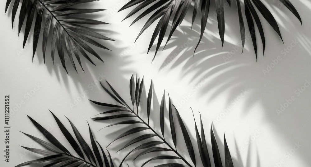 Obraz premium Minimalist background with palm leaves on the white wall. Summer monochrome wallpaper with tropical, exotic leaves. Banner for web design, product advertising, mockup for presentation