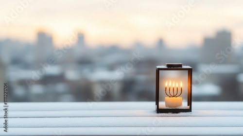 Frosty outdoor menorah glowing against a snowy cityscape, peaceful winter celebration photo